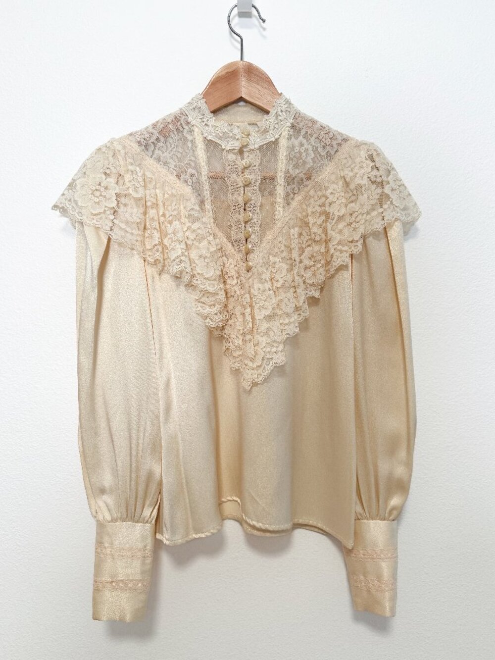 Vintage 70s Jessica's Gunnies Gunne Sax Cream Lace Satin Blouse Size 5 | XS